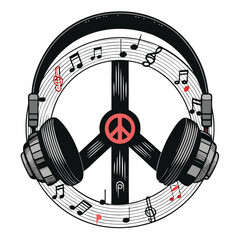 A vibrant peace symbol meticulously crafted from headphones, musical notes, and a vinyl record, symbolizing harmonious music and peace.