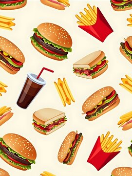 Fast food seamless pattern with hamburger, fries and soda