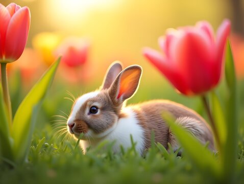 Adorable bunny resting on fresh grass among blooming tulips at sunrise - concept of springtime serenity and nature's beauty