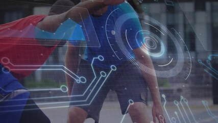 Man in blue driving basketball crossover to evade defender pressuring on court with HUD graphic