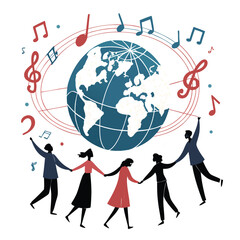 Diverse people holding hands, forming a circle around a stylized globe, with musical notes flowing between them, representing global unity and harmony through music.