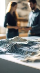 Two geologists are analyzing a detailed 3d printed model of a mountain range, possibly assessing geological features, seismic risks, or planning infrastructure projects in their laboratory