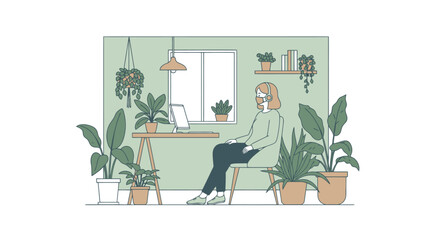 Serene Home Office: Woman Working Amidst Indoor Plants