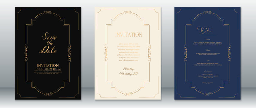 Elegant wedding invitation set with golden border details on black, navy blue, and cream backgrounds. Includes Save the Date, invitation, and wedding menu templates.