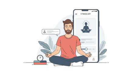 Digital Wellness: Man Meditating with Fitness App
