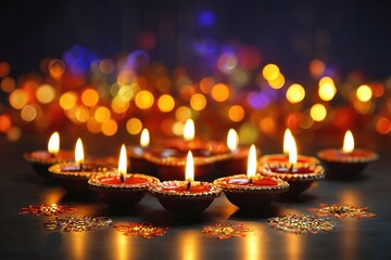 Diwali oil lamps with floral rangoli pattern and glowing light bokeh

