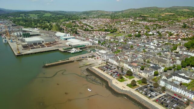 Overhead reversing aerial video of Warrenpoint, County Down, Northern Ireland, UK on a bright and sunny day. Filmed in 4K, 60FPS and with Rec709 color.