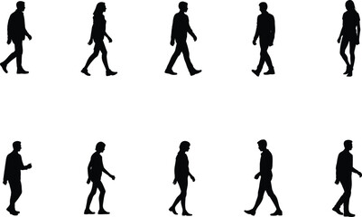 Silhouettes of business people walking in profile view, male and female figures, black vector illustration, professional poses for design