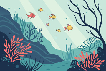 Enchanted Underwater Fantasy Landscape Glowing Coral Reef Vector Illustration
