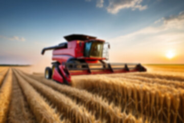 Obraz premium Blurry photo of the wheat harvesting process using modern equipment, in the afternoon the sunset can be seen shining on the wheat fields.