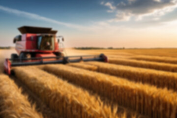 Fototapeta premium Blurry photo of the wheat harvesting process using modern equipment, in the afternoon the sunset can be seen shining on the wheat fields.