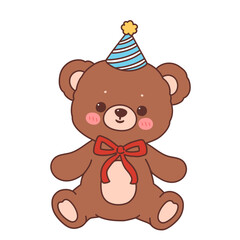 Cute bear with birthday hat and red ribbon decoration cartoon illustration