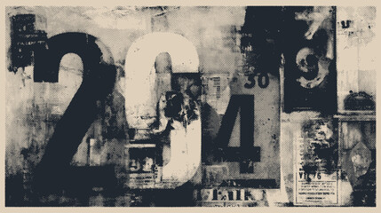 Abstract grunge background with bold numbers. Distressed layers, typographic details, vintage aesthetic. Monochrome vector art for urban design.