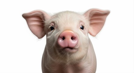 Close up head on portrait of a domestic piglet with wide curious eyes