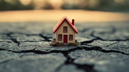 Miniature house perched on cracked ground, illustrating the aftermath of an earthquake and highlighting themes of property damage, insurance challenges, and the impact of natural disasters