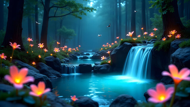 Enchanted Forest: A Glowing Stream and Luminous Blooms