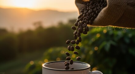 Naklejka premium Roasted Coffee Beans Pouring into a Mug Against a Golden Sunrise Over Mountains