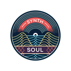 Design a retro-futuristic synthwave-inspired badge featuring a wireframe wave, a vinyl record element, and a soulful aesthetic.  High detail, vibrant colors.
