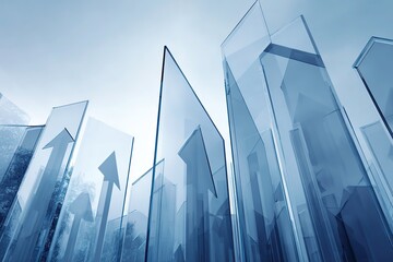 Futuristic business background with glass panels and growth arrows in blue
