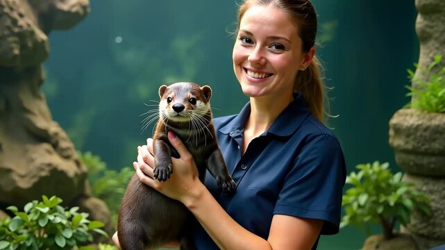 beautiful woman caucasian zookeeper holds an otter in her hands 