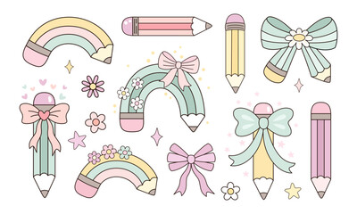 Coquette pencil bow clipart set, Cute teacher pencil, Teacher Appreciation, Back to school hand drawn vector illustration in flat style	
