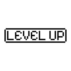Pixel game LEVEL UP text. Vector art 8 bit screen message. Retro gaming achievement symbol.