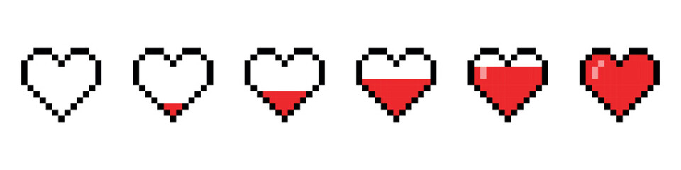 Pixel game life bar indicator. Vector art 8 bit health heart set. Retro gaming UI progress elements.