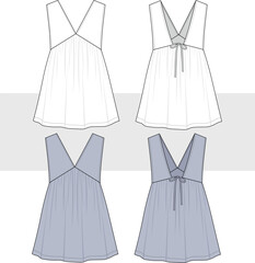 Women V-neck mini summer dress with bow detail. Technical flat sketch fashion drawing, illustration, vector. Front and back view, Cad, Mockup set.