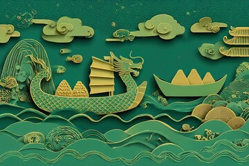 Dragon Boat Festival vector with rice dumplings and festive waves in paper-cut style
