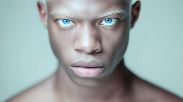 Close up portrait series capturing nuanced facial expressions of albino african american male, gazing intently with emotional depth against minimalist gray backdrop