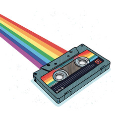 A retro VHS cassette tape, isolated on a black background, with vibrant rainbow light streaks emanating from it.  Focus on the nostalgic aesthetic.