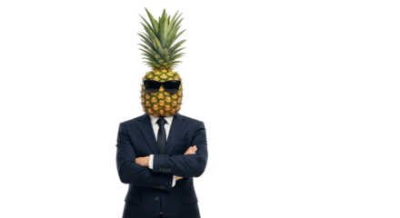 A cool and mysterious pineapple character dressed sharply in a dark suit with a black tie and sunglasses, standing with arms crossed, exuding a sense of professionalism and unique style