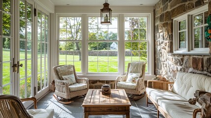 Sunroom with white windows, sofa and chairs arranged by window, wooden table, hanging lantern, stone wall near door, green grass outside, and bright natural light