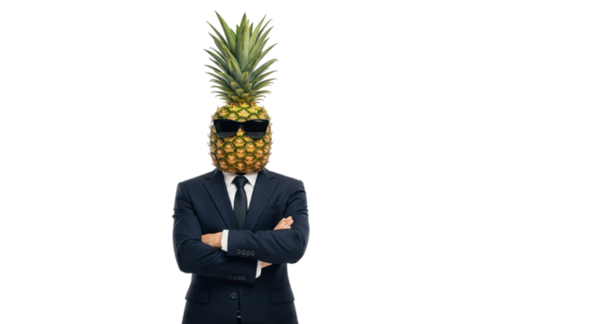 A cool and mysterious pineapple character dressed sharply in a dark suit with a black tie and sunglasses, standing with arms crossed, exuding a sense of professionalism and unique style