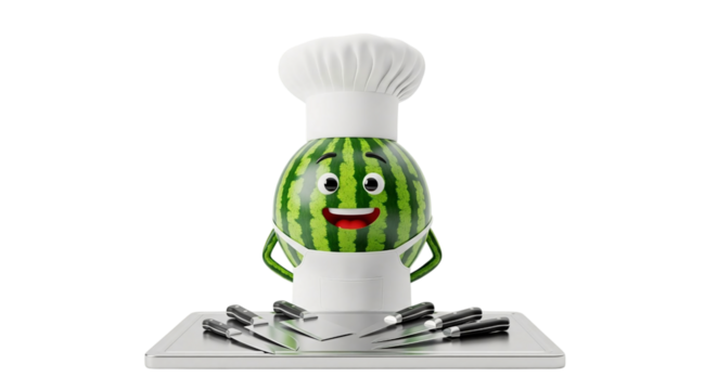 A cheerful and friendly watermelon character dressed as a professional chef, complete with a tall white toque and apron, standing proudly before an array of shiny kitchen knives on a cutting board