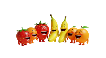 A joyful gathering of diverse fruit characters, including strawberries, bananas, and oranges, all laughing heartily together, radiating happiness and friendship, perfect for conveying positive emotion