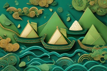 Dragon Boat Festival vector with rice dumplings and festive waves in paper-cut style
