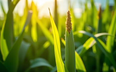Fototapeta premium Close up of vibrant green corn leaves highlighting natural texture and details in sunlight for agricultural and nature themes. High quality
