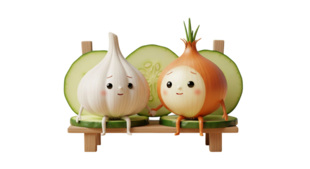 A heartwarming scene featuring charming garlic and onion characters sitting together on a bench made of cucumber slices, holding hands, symbolizing friendship, togetherness, and healthy relationships 