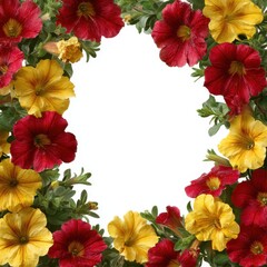Floral frame of red and yellow calibrachoa flowers isolated on white background