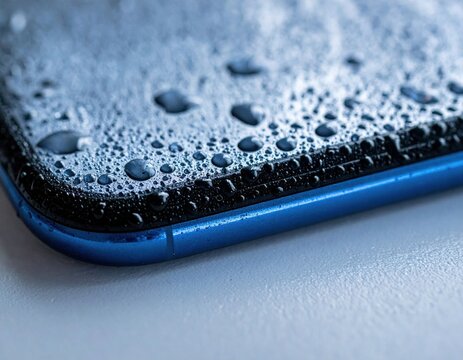 Closeup Of Water Droplets On A Blue Smartphone