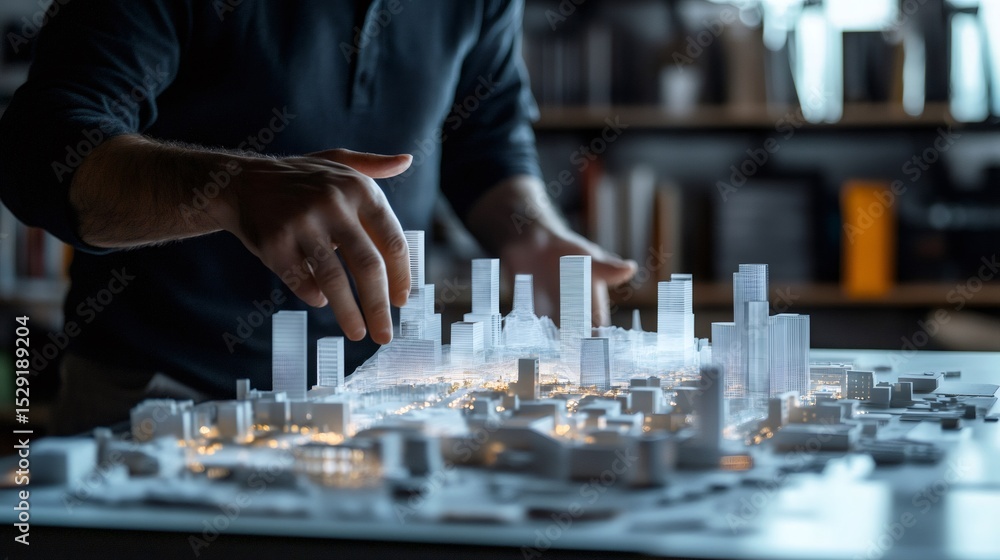 Aufkleber Architect is working on a futuristic and sustainable city project, using projection mapping technology to visualize the intricate details of urban planning and infrastructure