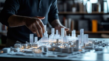Architect is working on a futuristic and sustainable city project, using projection mapping technology to visualize the intricate details of urban planning and infrastructure