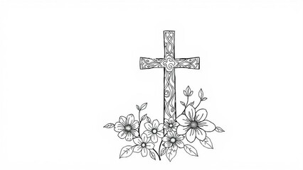 Zentangle-Ausmalbild eines verzierten Kreuzes mit Blumen &ndash; perfekt f&uuml;r christliche Malb&uuml;cher, Trauerkarten oder spirituelle Kreativprojekte.