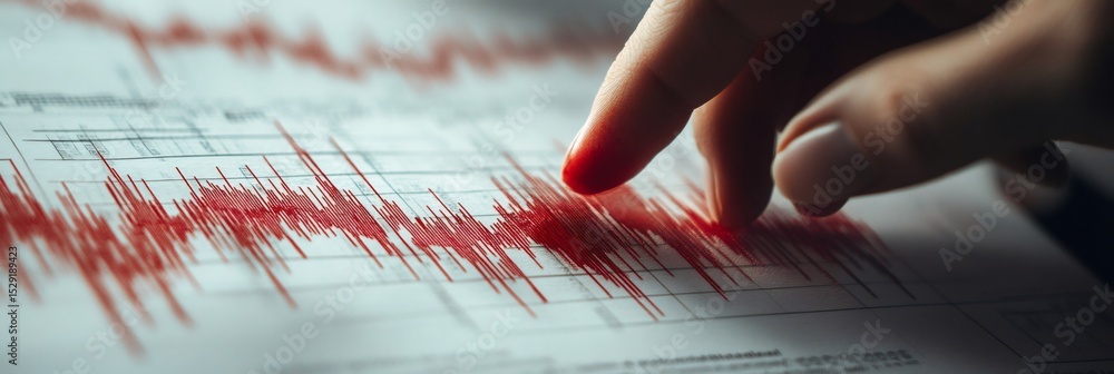 Poster geologist is analyzing seismic waves on seismograph chart after earthquake, studying magnitude and f