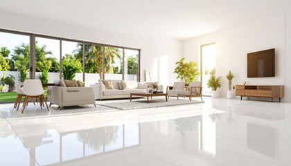 Luxurious living room with abundant natural light and minimalist decor ambiance