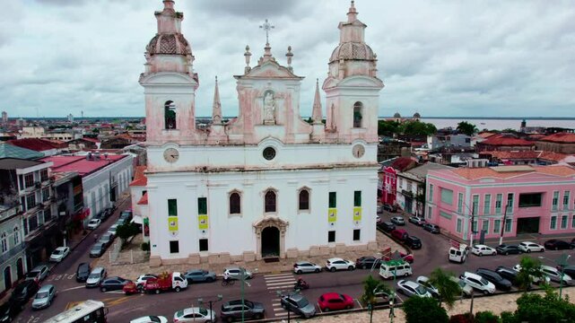 Famous South American cathedrals, cityscape horizon, aerial dolly view
