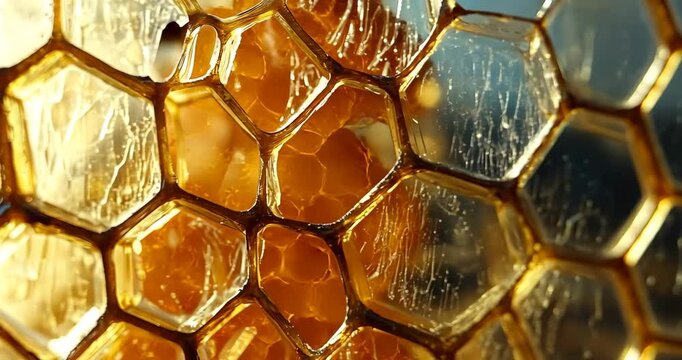 Macro close-up of honeycomb with honey flowing and dripping, golden viscous liquid.