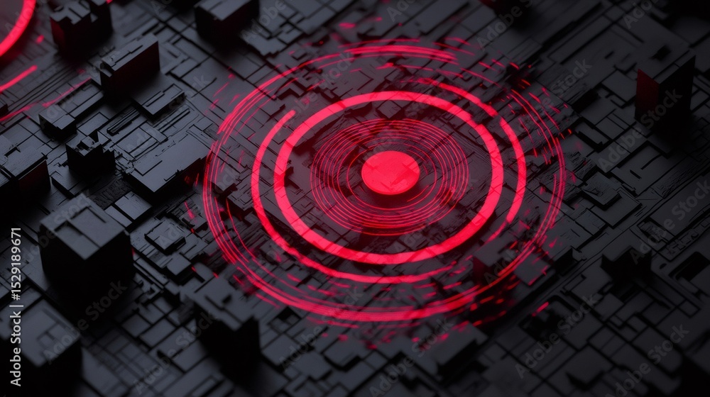 Poster Red seismic waves are spreading on a black microchip surface, creating a captivating visualization of earthquake like activity in a technological context