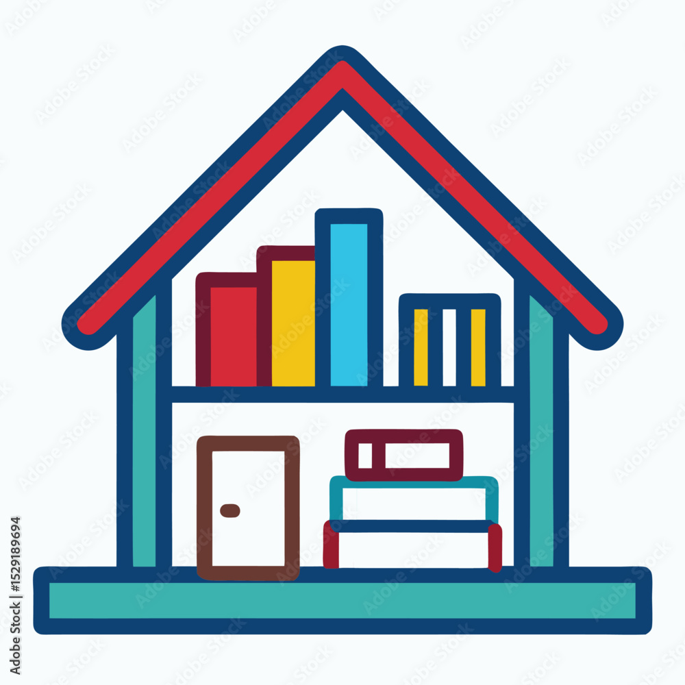 Poster house and bookshelf icon set colorful design isolated on white background